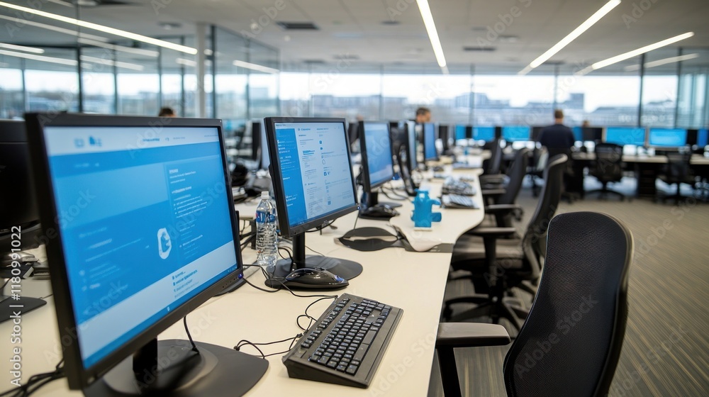 Poster modern office workspace with technology and minimalist design