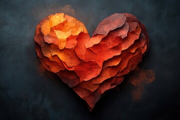 Red Heart Made of Paper Leaves on Black Background Art Style