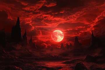 Blood red moon over dark, rocky landscape.