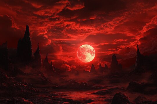 Blood red moon over dark, rocky landscape.
