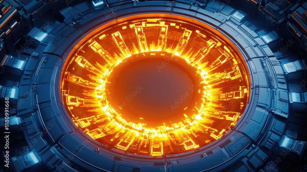 Poster futuristic circular abstract design with bright orange glow and metallic blue structures in high-tec