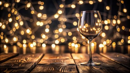 A wine glass sitting on a dark wooden table surrounded by soft blurred lights that create an intimate ambiance, glasses