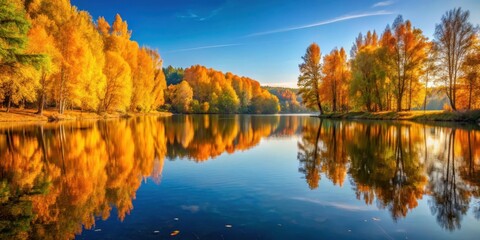 Obraz premium A serene lake surrounded by tall trees with golden autumn leaves, reflecting the warm sunlight on its surface, tranquility