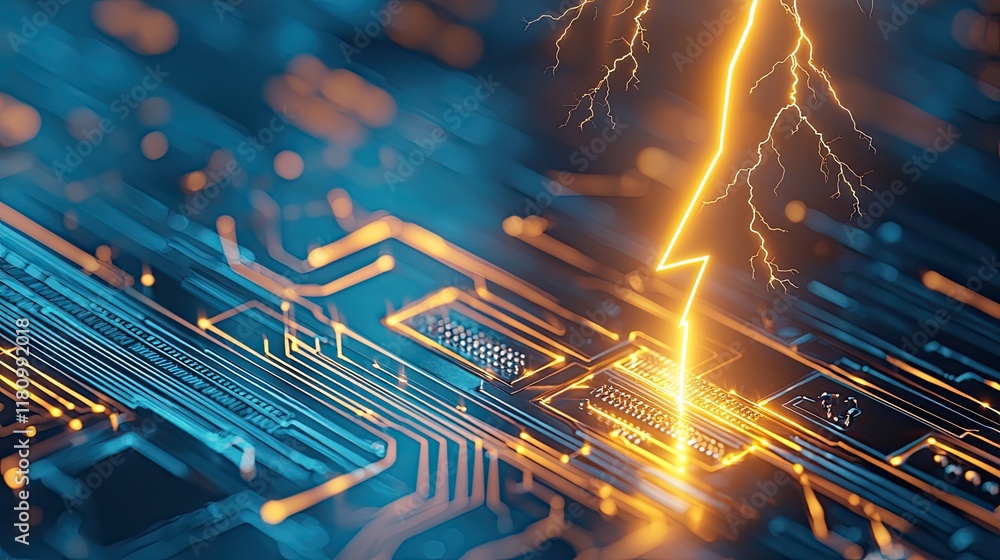 Aufkleber lightning bolt striking a circuit board with futuristic and dynamic visual effects in blue and orang