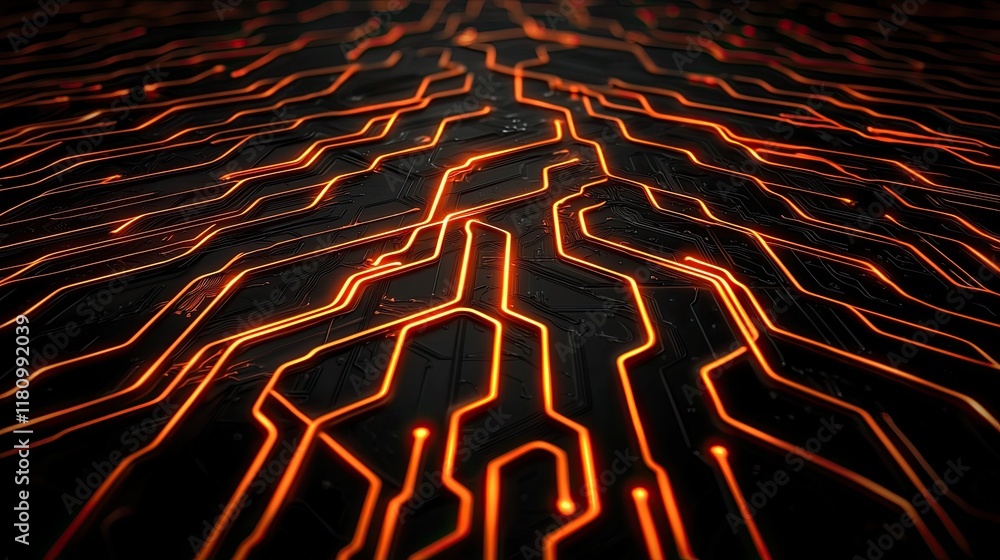 Poster abstract digital circuit design featuring glowing orange lines on a dark background in futuristic st