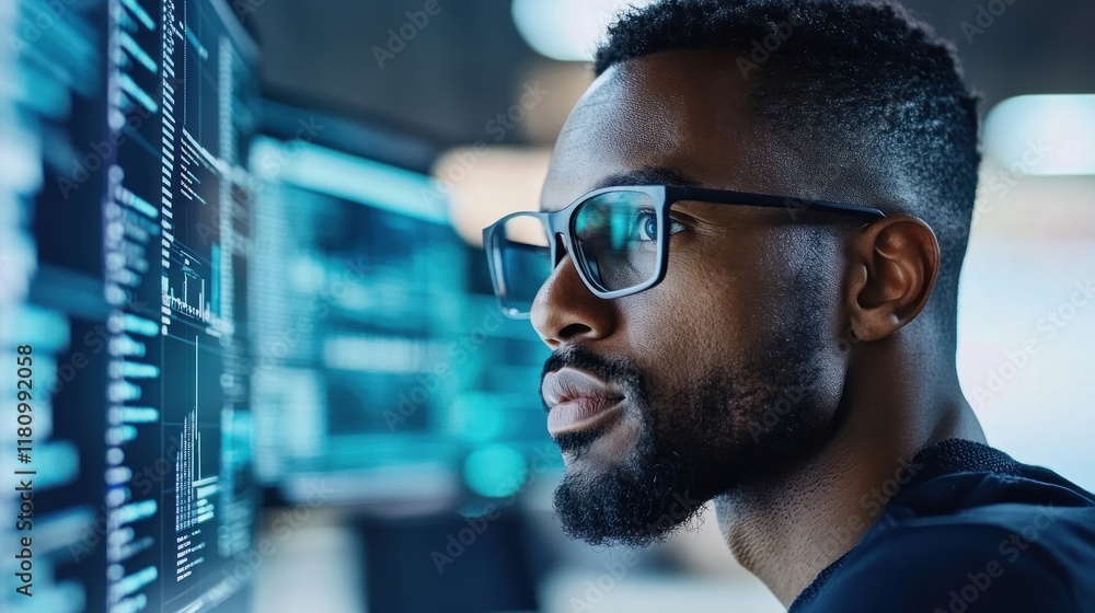 Poster Focused Young Professional Analyzing Data on Computer Screen