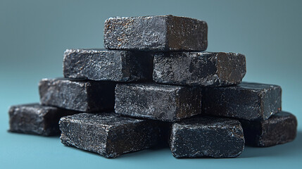 Stack of dark, square candies on blue background.