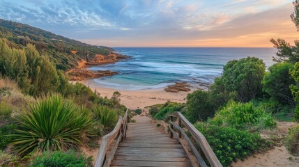 Wooden stairs to secluded beach at sunrise, coastal hills, scenic ocean view