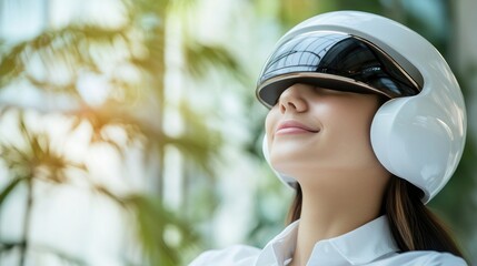 Woman Enjoying Virtual Reality Experience with Futuristic Headset