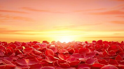 Obraz premium Vibrant Sunset Over a Field of Red Rose Petals with Soft Clouds and Warm Glow