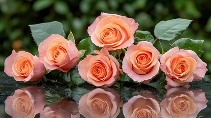 Naklejka premium Elegant arrangement of soft peach roses with leaves and reflections on a glossy surface, showcasing natural beauty and serenity