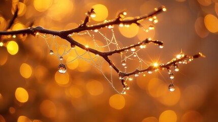 Dew-kissed branch, spiderweb, sunrise bokeh, autumn
