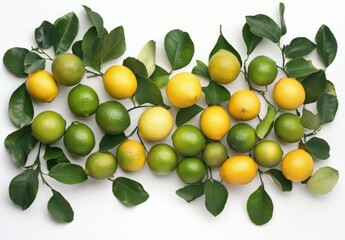 Fresh Citrus Fruit Display with Varieties of Green and Yellow Lemons and Limes Surrounded by Vibrant Green Leaves on White Background
