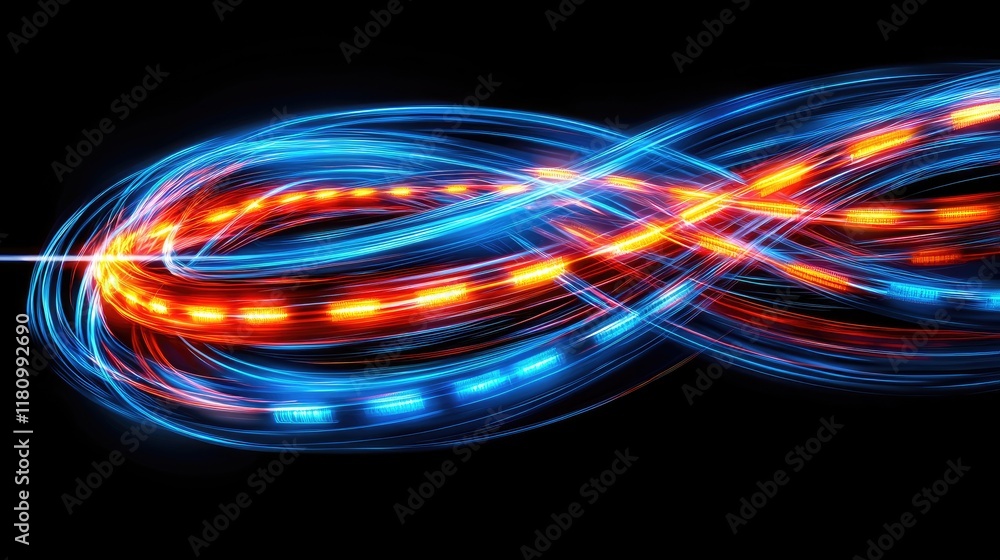 Poster Colorful Abstract Light Trails in Motion Creating a Dynamic Sense of Energy and Movement Against a Black Background