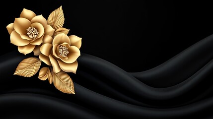 Elegant Golden Flowers on Dark Satin Background with Flowing Fabric and Textured Leaves