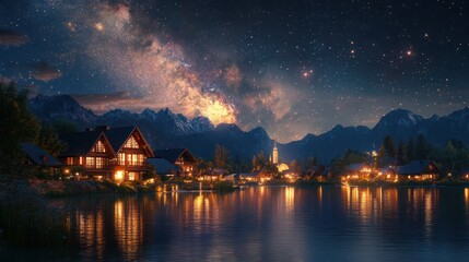 Obraz premium Milky Way over lakeside village, alpine mountains, night