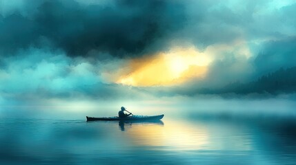 Solitary kayaker on a misty lake at sunrise.