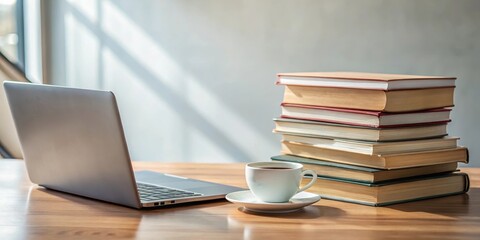 A stack of books on a table with a laptop and coffee cup nearby , coffee, study,  coffee, study,books