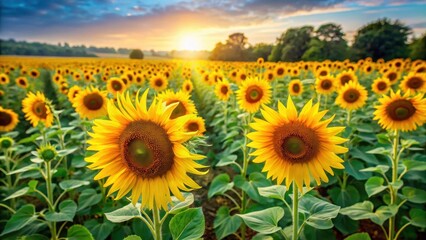Fototapeta premium Field of blooming sunflowers in a green meadow, field, meadow, field, meadow, wheat, flowers