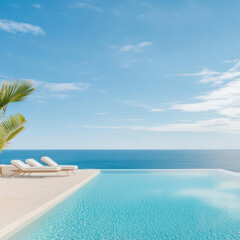 serene infinity pool overlooks tranquil ocean under clear blue sky. Relaxing loungers invite leisure and enjoyment