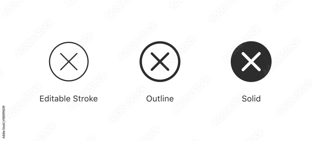 Poster Close icon set. Delete icon. remove icon. error icon. cross sign. x icon button . line outline icons, flat style. EDITABLE STROKE