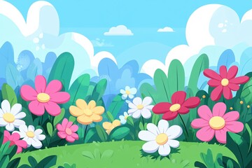 Vibrant Cartoon Flower Garden with Colorful Blooms and Clear Blue Sky