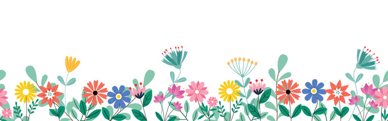 Flowers seamless clipart banner background. Spring flower clip art in endless and continuous pattern for wallpaper, greeting and invitation card design. Vector illustration seamless flowers banner.    © AmazeinDesign
