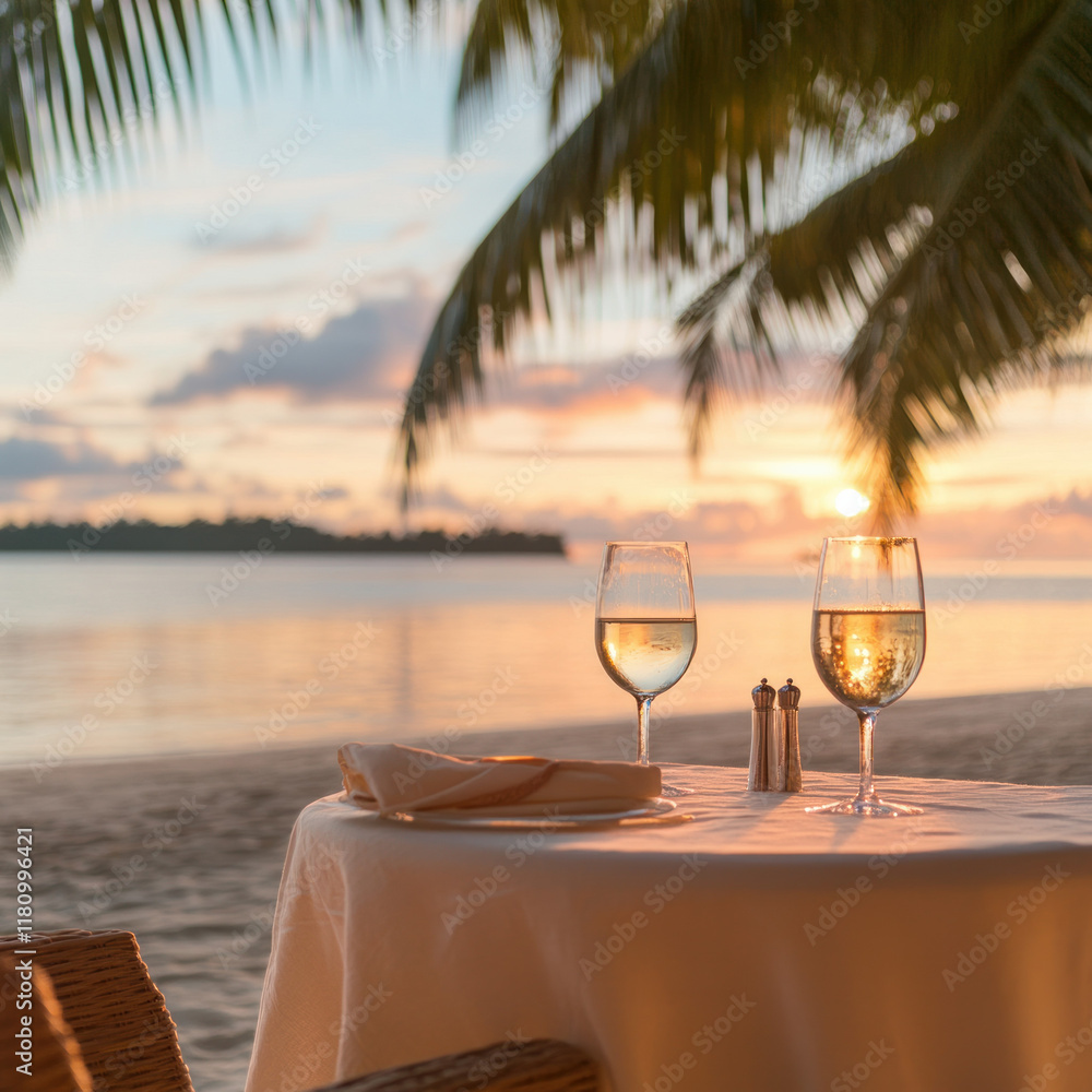 Poster romantic beach dinner setting with sunset views and drinks