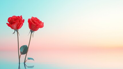 Fototapeta premium Fresh Red Roses with Reflective Water Surface Against a Soft Gradient Background at Sunset