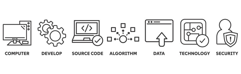 Programming icon set illustration concept with icon of computer, develop, source code, algorithm, data, technology, security