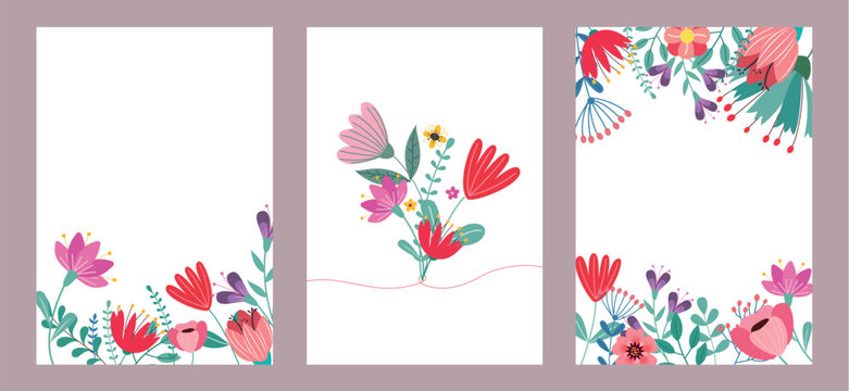 Spring flower invitation clipart poster set. Flowers greeting card with colorful floral decoration clip art for editable background collection. Vector illustration spring invitation card set. 
