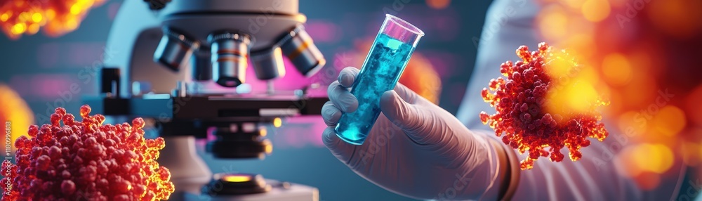 Poster scientist analyzing substance in blue glass with advanced microscope in laboratory setting focused o