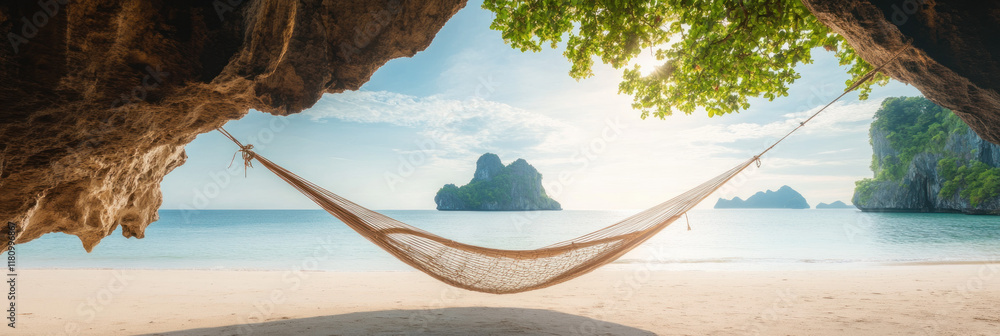 Poster serene beach scene featuring hammock between rocks, with stunning ocean view. sunlight filters through trees, creating peaceful atmosphere