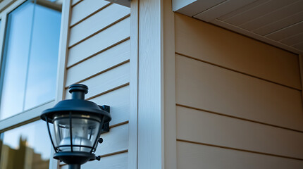 Close-up view of light beige vinyl siding on a house exterior. A dark-colored outdoor lamp is...