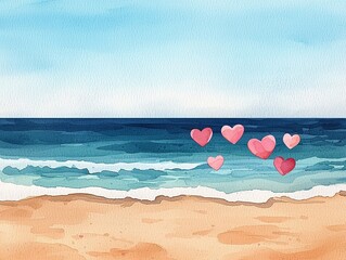 Obraz premium A serene beach scene featuring gentle waves and floating pink hearts, blending nature's beauty with a touch of romance.