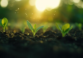 Fresh Green Seedlings Growing in Rich Dark Soil Under a Bright Warm Sunlight with a Soft Blurred Background and Delicate Water Droplets Sparkling in the Air