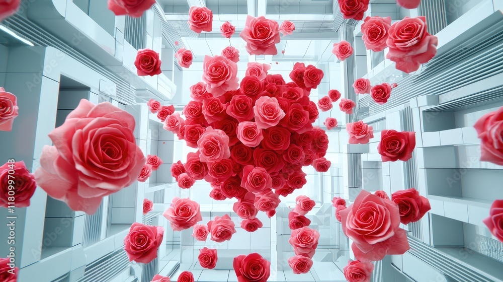 Poster abstract scene of floating red roses in a modern white environment with geometric patterns and light