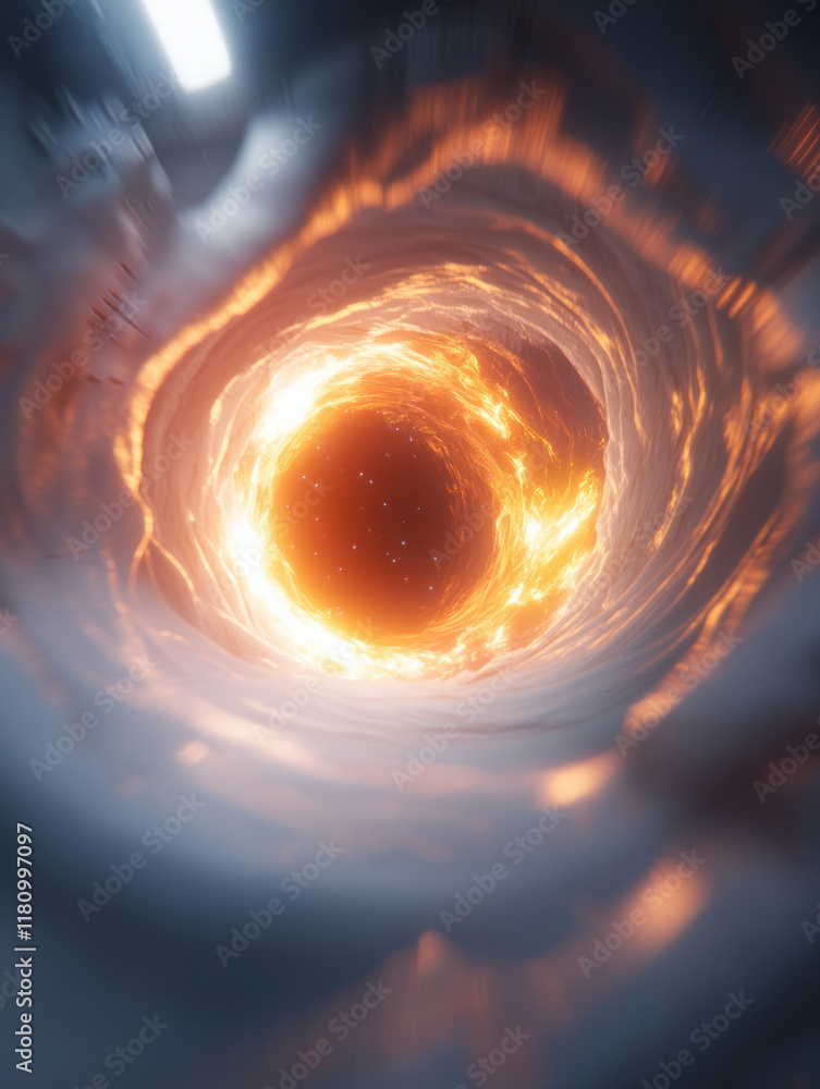 Poster swirling vortex of fiery orange light surrounded by soft clouds creates mesmerizing visual