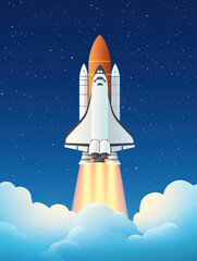 Fototapeta premium colorful rocket launches into starry sky, leaving clouds behind