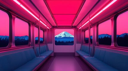Fototapeta premium A vibrant subway interior illuminated by pink lights, showcasing a stunning mountain view through the window.
