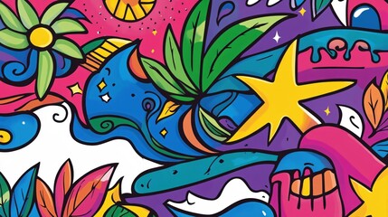 Fototapeta premium Colorful and Vibrant Abstract Art with Plants, Stars, and Whimsical Elements