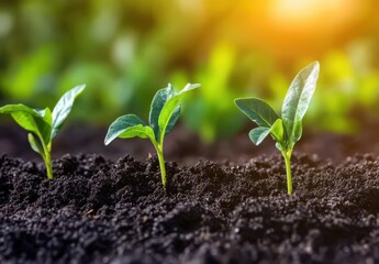 Fototapeta premium Fresh Green Sprouts Growing from Rich Dark Soil in Sunlit Garden, Symbolizing New Growth, Hope, and the Beauty of Nature's Lifecycle