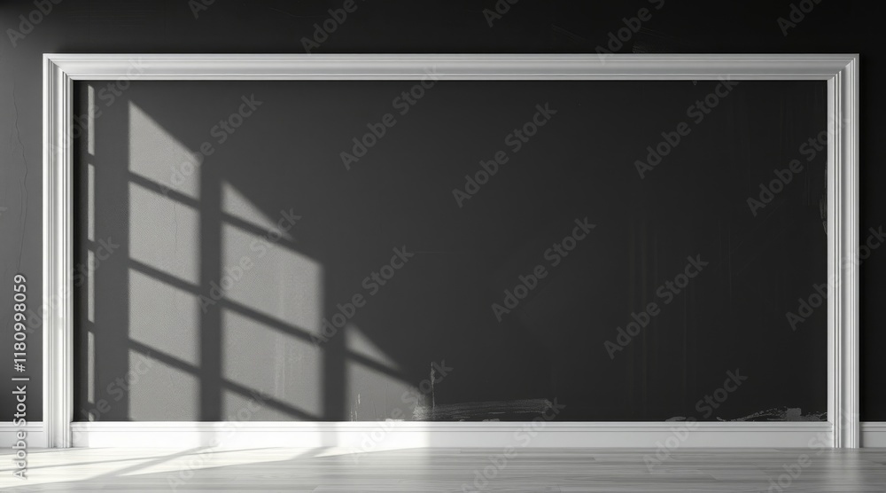 Poster large window frame casting shadows on a dark wall, highlighting minimalist architecture