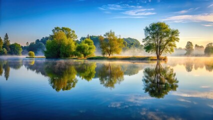 Obraz premium Beautiful serene lake landscape with misty morning foggy atmosphere and reflections of surrounding trees across the calm water surface, peaceful atmosphere, natural beauty