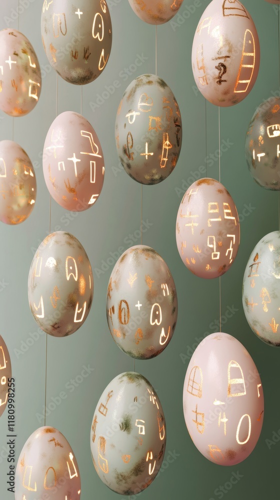 Aufkleber decorative glowing easter eggs suspended with a gradient background transitioning from gold to paste