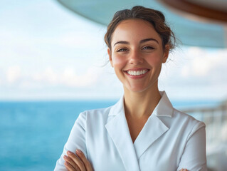 Smiling woman in white coat with ocean background, exuding confidence and warmth