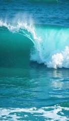 Vibrant turquoise ocean waves crash, white foam crests , photography, photo