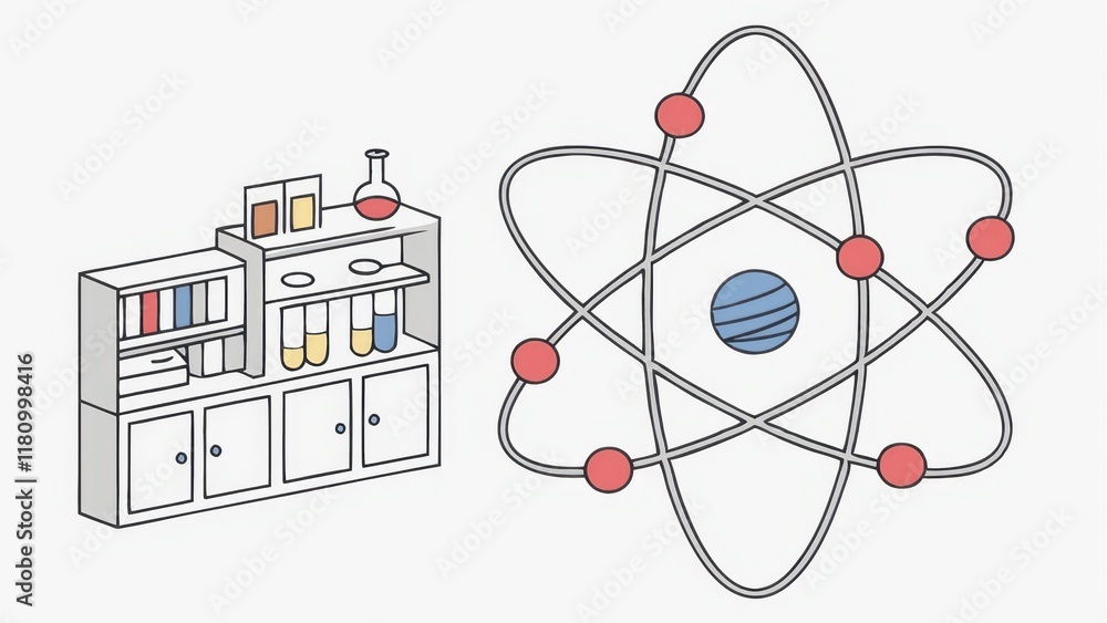 Poster the image depicts a laboratory shelf with various glassware and a stylized representation of an atom