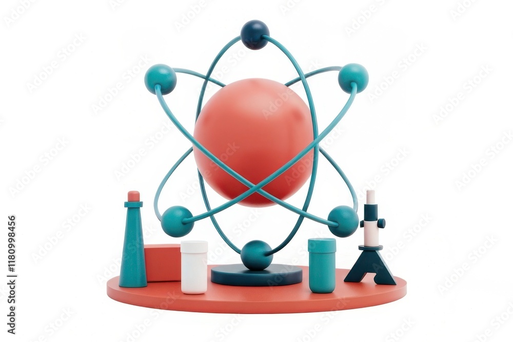 Poster a colorful 3d model of an atom with orbiting electrons, surrounded by scientific tools, representing