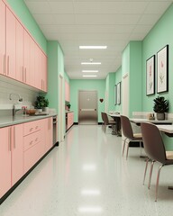 A modern hallway with pink cabinetry, mint-green walls, and stylish seating creates a welcoming and contemporary environment.